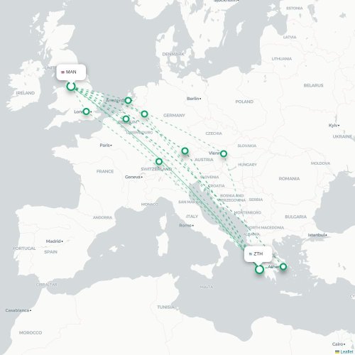 Mapa de vuelo directo Mánchester - Zakynthos