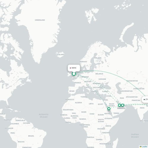 Manchester - Sylhet karta över direktflyg