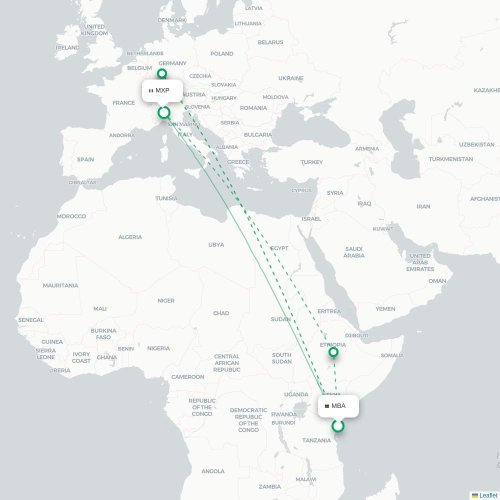 Mapa de vuelo directo Mombasa - Milán
