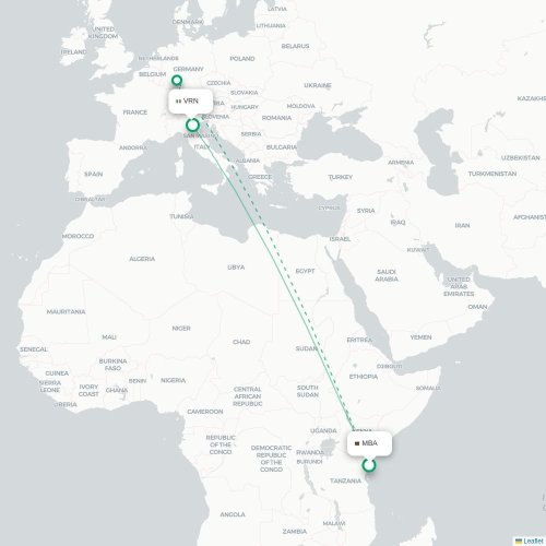 Mapa de vuelo directo Mombasa - Verona