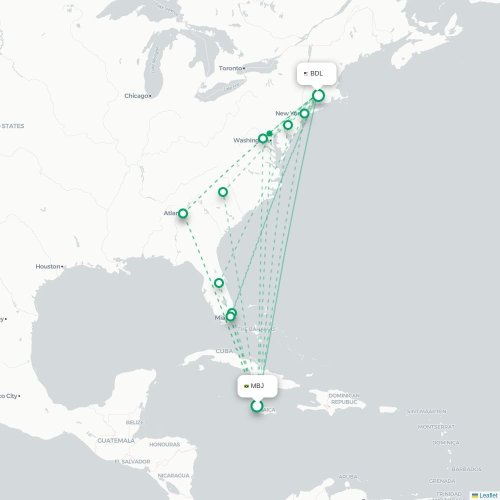 Mapa de vuelo directo Bahía Montego - Hartford