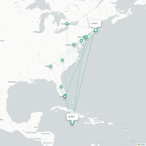 Mapa de vuelo directo Bahía Montego - Boston