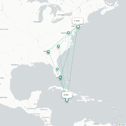 Mapa de vuelo directo Bahía Montego - Newark