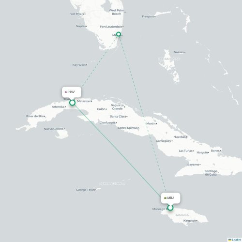 Mapa lotu bezpośredniego Montego Bay – Hawana