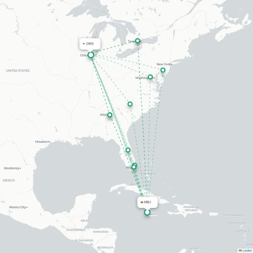 Mapa de vuelo directo Bahía Montego - Chicago