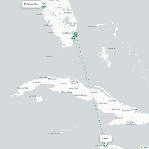 Mapa de vuelo directo Bahía Montego - Tampa