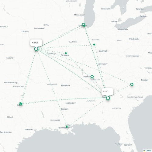 Mapa lotu bezpośredniego Kansas City – Atlanta
