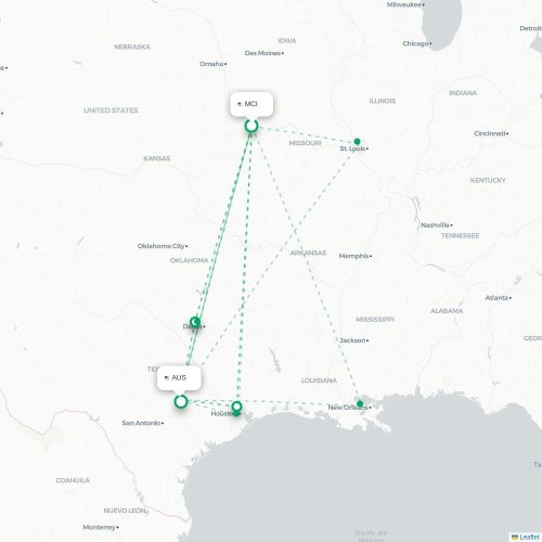 Mapa de vuelo directo Kansas City - Austin