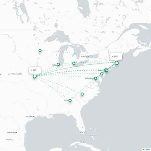 Mapa de vuelo directo Kansas City - Boston