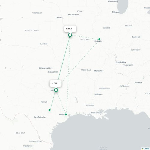Mapa lotu bezpośredniego Kansas City – Dallas