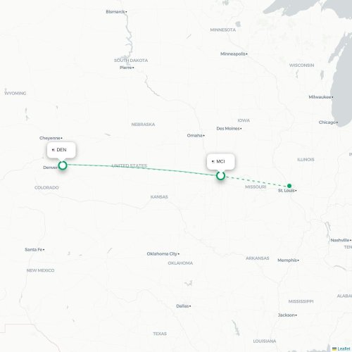 Mapa lotu bezpośredniego Kansas City – Denver