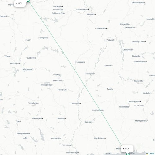 Mapa lotu bezpośredniego Kansas City – Gulf Shores