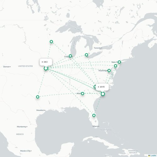 Mapa de vuelo directo Kansas City - Myrtle Beach