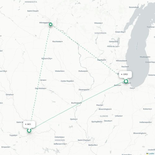 Mapa lotu bezpośredniego Kansas City – Chicago