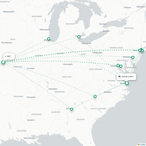 Mapa lotu bezpośredniego Kansas City – Norfolk