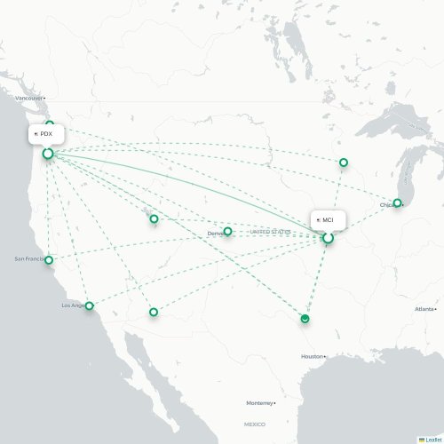 Mapa de vuelo directo Kansas City - Portland