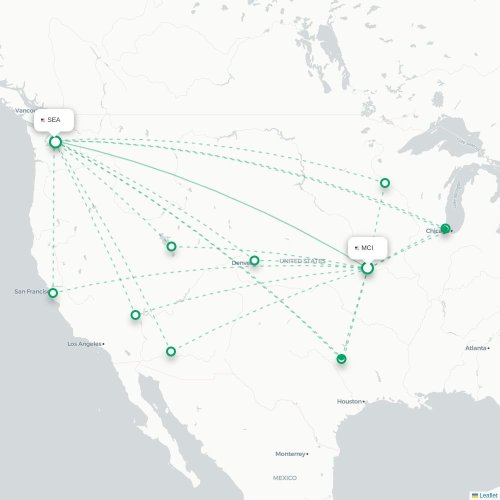Mapa de vuelo directo Kansas City - Seattle
