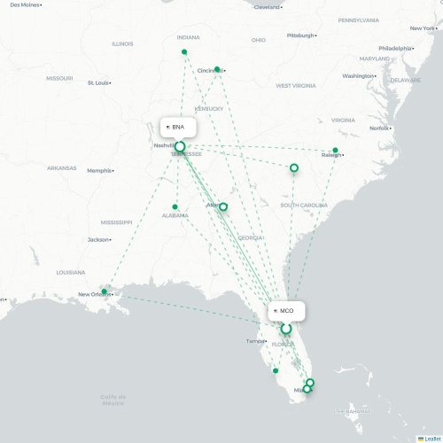 Mapa de vuelo directo Orlando - Nashville