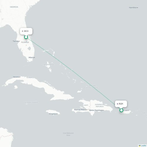 Mapa de vuelo directo Orlando - Aguadilla