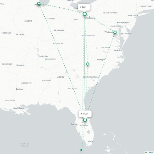 Mapa de vuelo directo Orlando - Akron