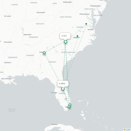 Mapa de vuelo directo Orlando - Charlotte