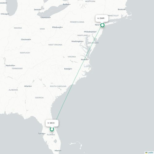 Mapa de vuelo directo Orlando - Newark