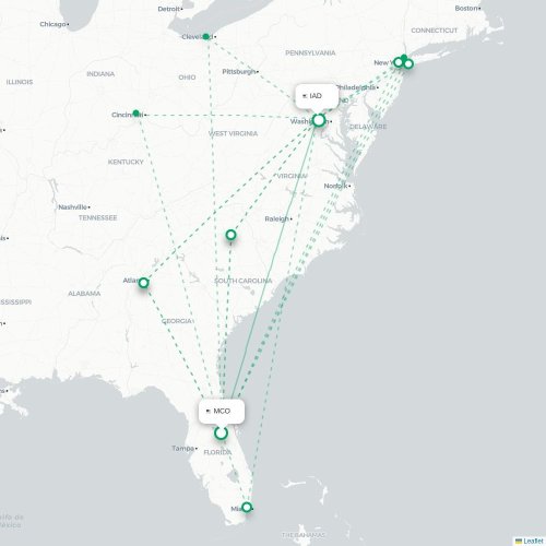 Mapa lotu bezpośredniego Orlando – Waszyngton