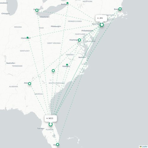 Mapa de vuelo directo Orlando - Nueva York