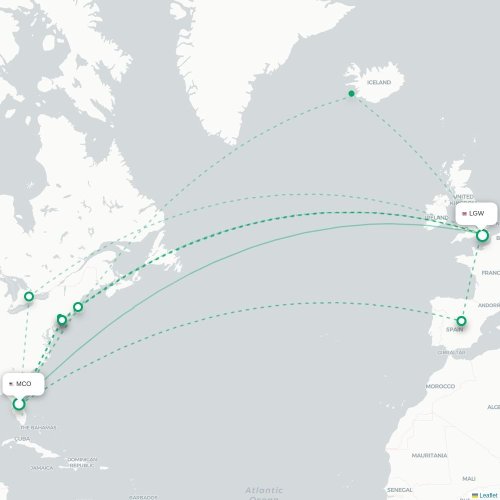 Mapa de vuelo directo Orlando - Londres
