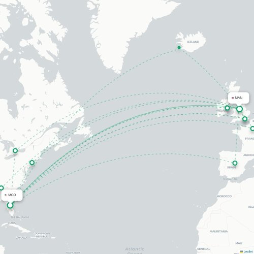 Mapa de vuelo directo Orlando - Mánchester
