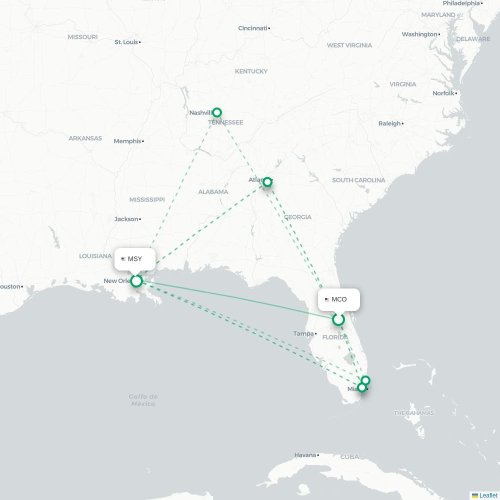 Mapa de vuelo directo Orlando - Nueva Orleans
