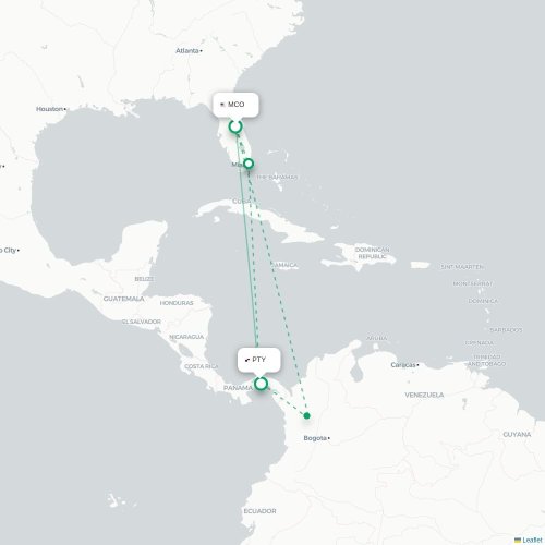 Mapa de vuelo directo Orlando - Ciudad de Panamá