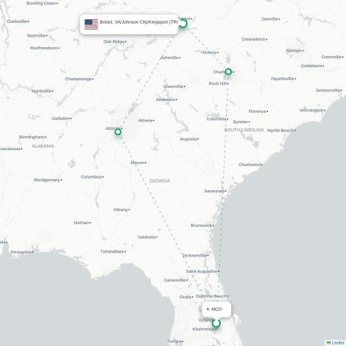 Mapa de vuelo directo Orlando - Blountville