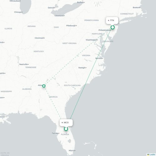 Mapa lotu bezpośredniego Orlando – Trenton