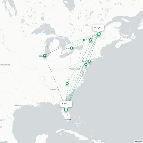 Mapa de vuelo directo Orlando - Quebec