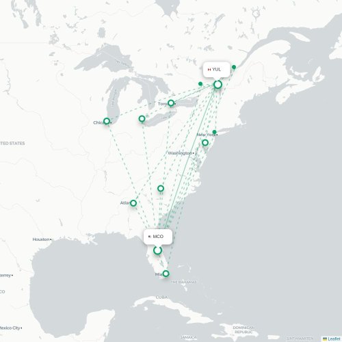 Mapa de vuelo directo Orlando - Montreal