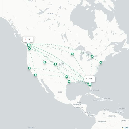 Mapa de vuelo directo Orlando - Vancouver