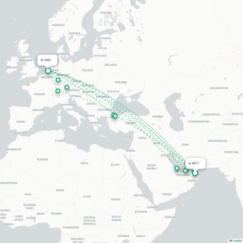 Mapa lotu bezpośredniego Maskat – Amsterdam