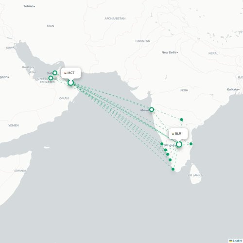 Mapa lotu bezpośredniego Maskat – Bangalore