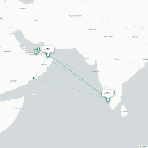 Mapa lotu bezpośredniego Maskat – Kozhikode