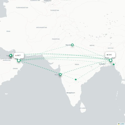 Muscat - Dhaka kort over direkte fly