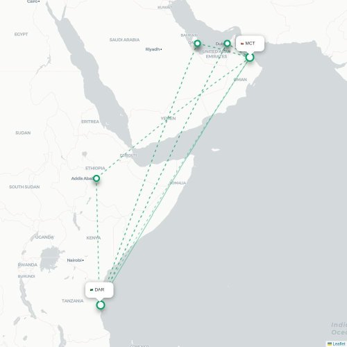 Mapa de vuelo directo Mascate - Dar es Salaam