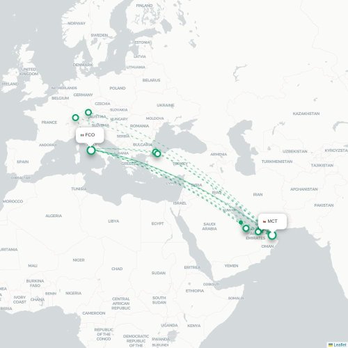 Mapa lotu bezpośredniego Maskat – Rzym