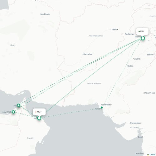 Mapa de vuelo directo Mascate - Islamabad