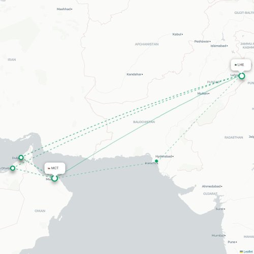 Mapa de vuelo directo Mascate - Lahore
