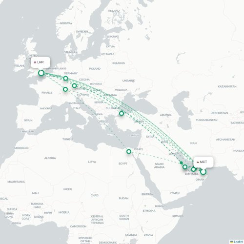 Mapa lotu bezpośredniego Maskat – Londyn