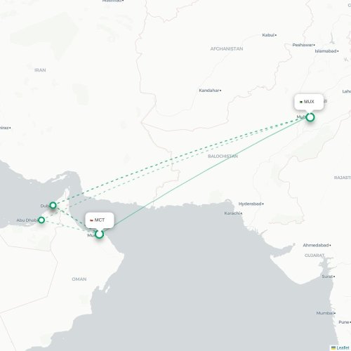 Mapa de vuelo directo Mascate - Multan