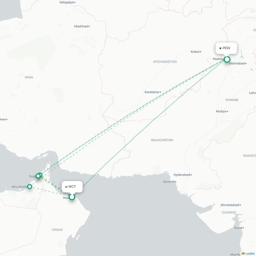 Mapa de vuelo directo Mascate - Peshawar