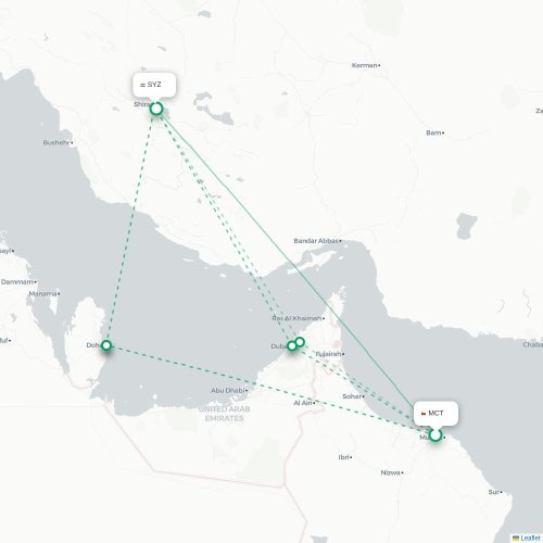 Mapa lotu bezpośredniego Maskat – Sziraz