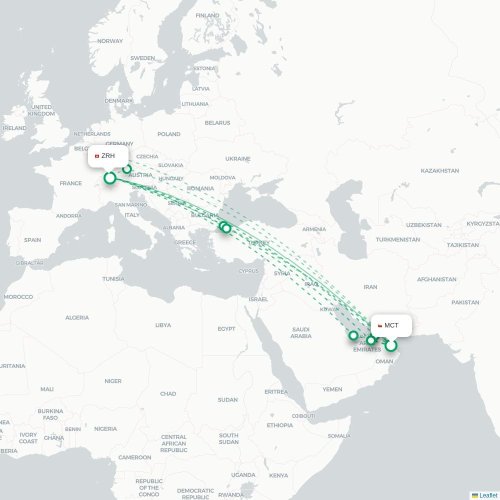 Mapa lotu bezpośredniego Maskat – Zurych